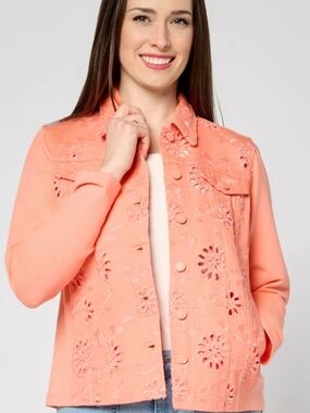 Belle by Kim Gravel Bright Neon Coral Floral Eyelet Button-Front Jacket